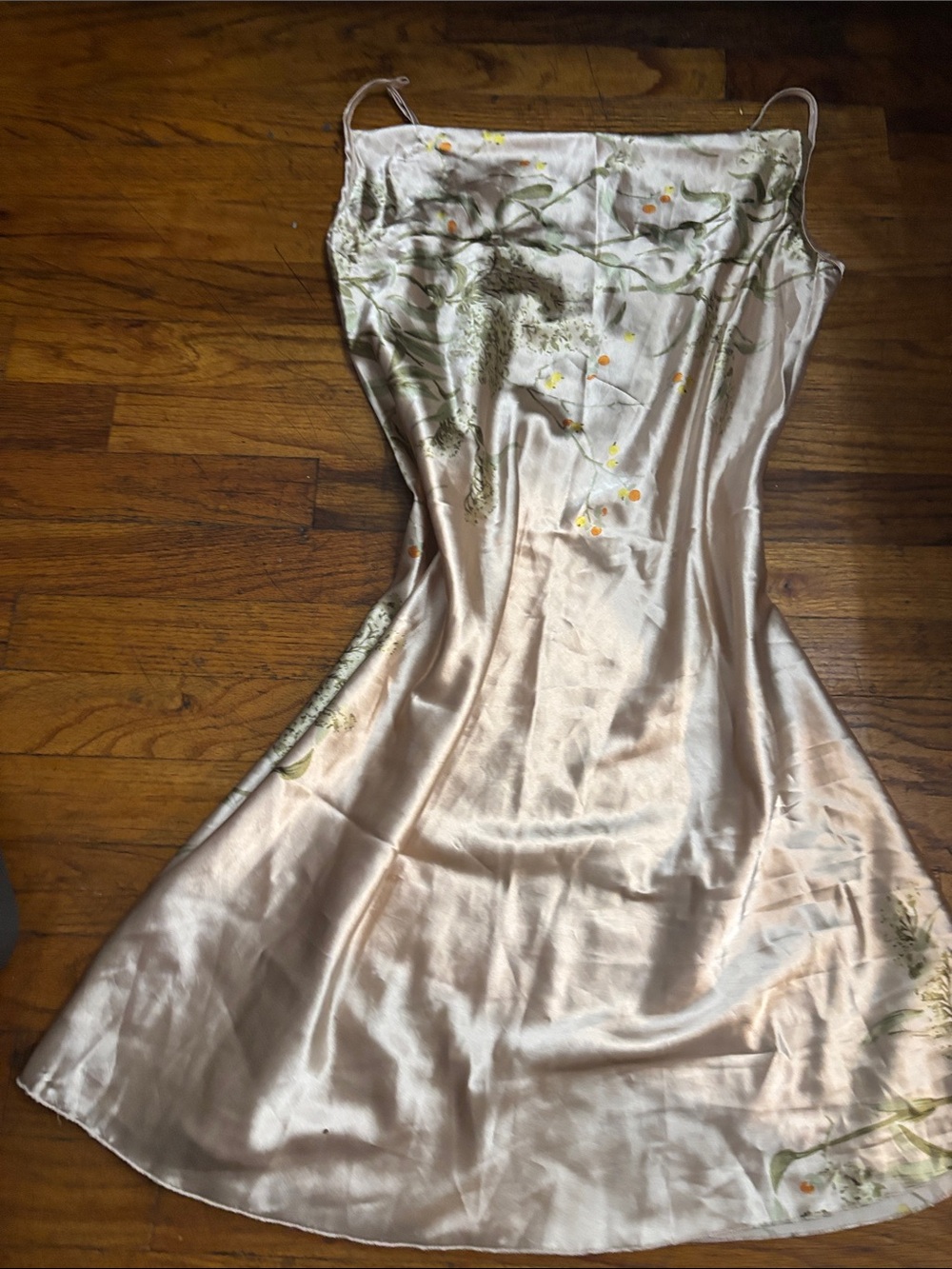 Women’s Satin Midi Slip Dress in Light Champagne with Floral Print